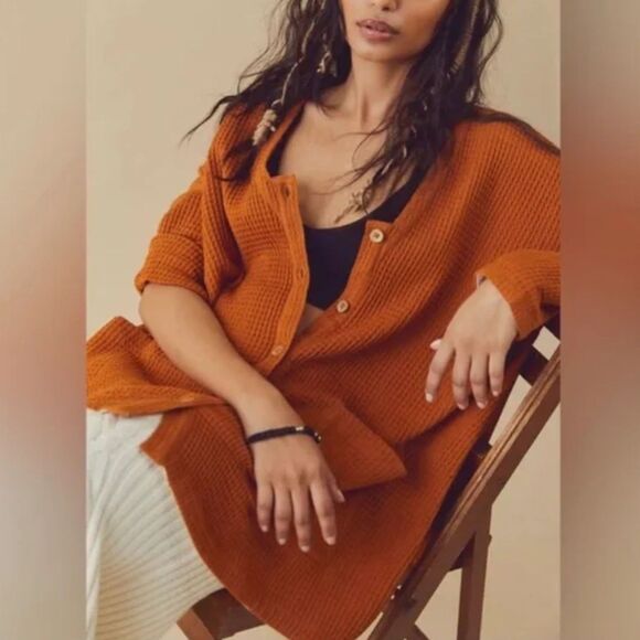 FP Movement by Free People Sweaters - Free People Waffle Knit Oversized Cardi Tunic Copper, Large (B8)